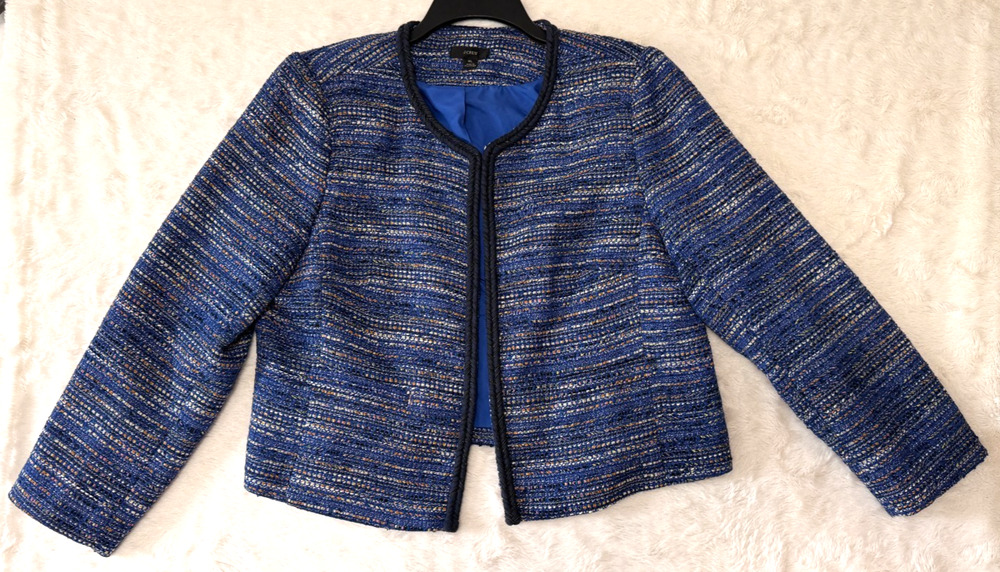 J. Crew Womens Size XL Blue Tweed Open Front Blazer Jacket Metallic Trim